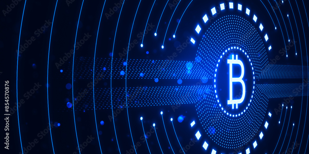 Poster creative glowing round bitcoin hologram on blue background. crypto and finance concept. 3d rendering