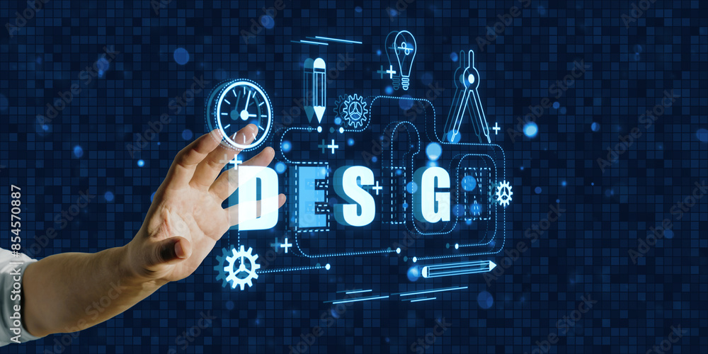Aufkleber graphic design concept outline. close up of male hand using digital thin line illustration on blue b