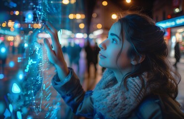 Naklejka premium A young woman in casual attire reaches out to touch a glowing blue hologram
