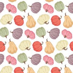 Pattern with multi-colored pumpkins. Autumn background. Various pumpkins in flat style on a white background. Pattern for textile, wrapping paper, background.