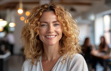 Obraz premium Close-up of laughing curly blonde woman in office, with blurred people working in background