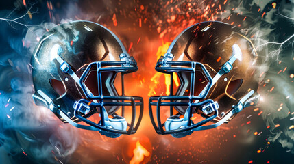 Two football helmets face off against a backdrop of fiery sparks and smoke, symbolizing the intense rivalry and passion of the game