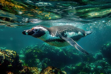 Fototapeta premium A Galapagos penguin swimming swiftly in crystal-clear waters, its small, streamlined body and distinctive black and white markings visible below the surface.