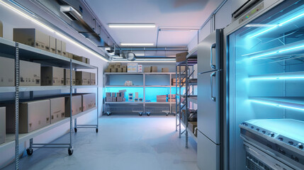 An industrial cold storage room featuring shelves stocked with boxes and a large freezer illuminated by blue fluorescent lights