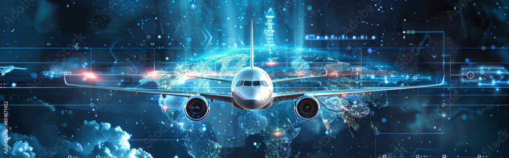 Poster a futuristic airplane flies through a digital world, with glowing lines and data patterns surroundin