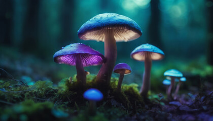 Mystical forest scene featuring bioluminescent mushrooms
