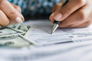 Close-up of hands counting money and writing 