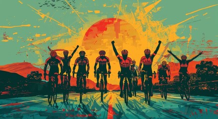 A jade colored road, sunset behind the silhouette of a group of riders with arms raised in victory as they win the race, in the cycling poster, minimalist vector illustration, soft atmospheric scenes