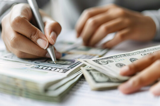 Close-up of hands counting money and writing 
