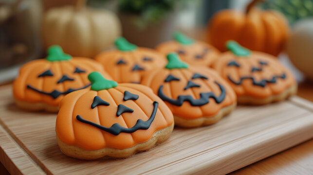 Happy Halloween day with funny Cookies, different Pumpkin biscuits on table background. Hello October, fall autumn, Traditional, party and holiday concept
