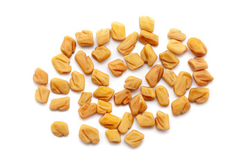 Close-up of Dried Organic Fenugreek (Trigonella foenum-graecum) seeds, isolated on a white background. Top view.