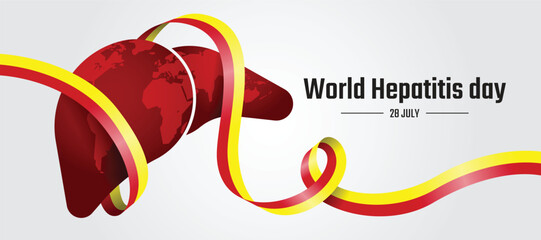 World Hepatitis Day - Long red and yellow ribbon awareness rolling around liver sign with world map texture vector design