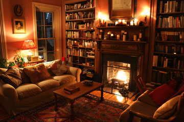 Cozy living room with a fireplace bookshelves