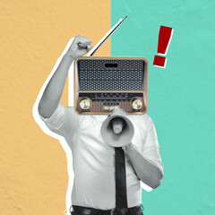 Portrait of a businessman with a radio head shouting on a megaphone