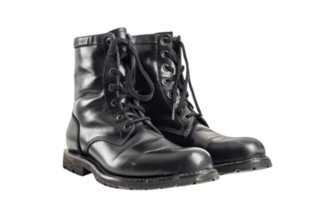 A pair of black leather combat boots with laces, isolated on a white background. Perfect for fashion, military, or outdoor themes.