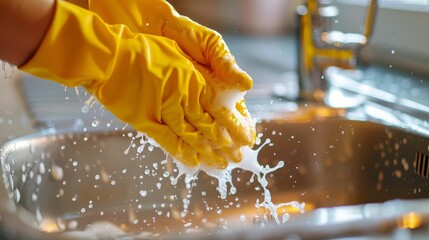 Person with yellow gloves scrubbing a kitchen sink, soap suds and clean water, sparkling cleanliness, close-up shot
