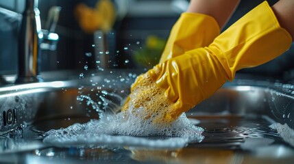 Person with yellow gloves scrubbing a kitchen sink, soap suds and clean water, sparkling cleanliness, close-up shot