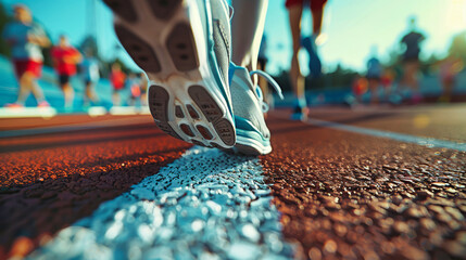 Fototapeta premium A close-up shot of a runners sneakers crossing the white line on a red track during a race