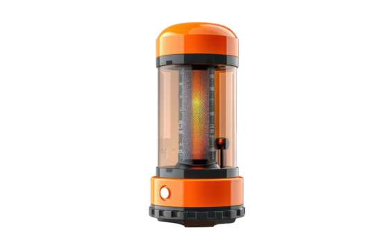Bright orange cylindrical futuristic device with glowing core, isolated on white background. Ideal for technology, sci-fi, or innovation themes.