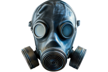Close-up of a black gas mask with round eyes and filters. Represents safety, protection, and emergency preparedness.