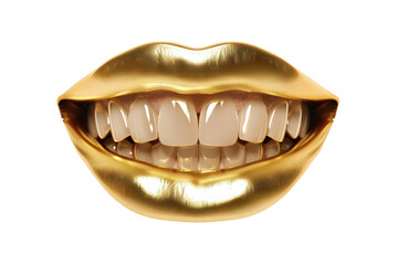 Naklejka premium Close-up of a smiling mouth with gold lips and white teeth. A striking visual of luxury and glamour, perfect for artistic and creative projects.