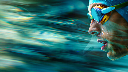 A close-up of a swimmers face, captured in a blur of motion, emphasizing the focus and determination of the athlete during competition