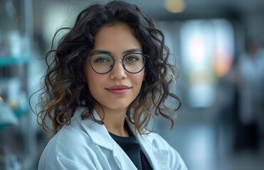 Fototapeta premium A young Hispanic woman in glasses and a lab coat smiles in a modern laboratory