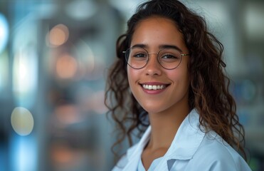 Obraz premium A young Hispanic woman in glasses and a lab coat smiles in a modern laboratory