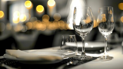 Fine Dining Table with Elegant Glassware and Warm Lighting. Generative ai
