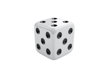 Close-up of a white dice with black dots showing the number six, isolated on a white background.
