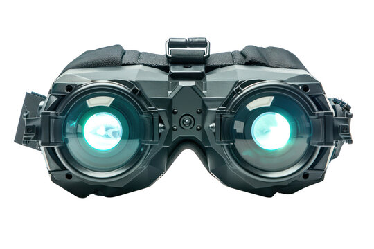 Close-up of advanced night vision goggles with illuminated lenses, isolated on white background. Ideal for military and tactical gear presentations.