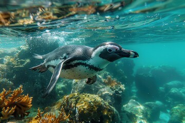 A Galapagos penguin swimming swiftly in crystal-clear waters, its small, streamlined body and distinctive black and white markings visible below the surface.