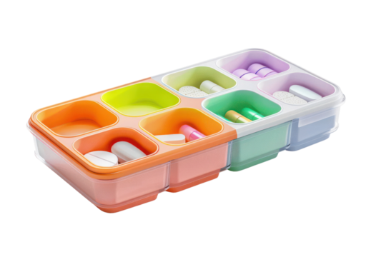 Colorful pill organizer with multiple compartments for daily medication management. Portable and convenient for travel, ensuring proper dosage.