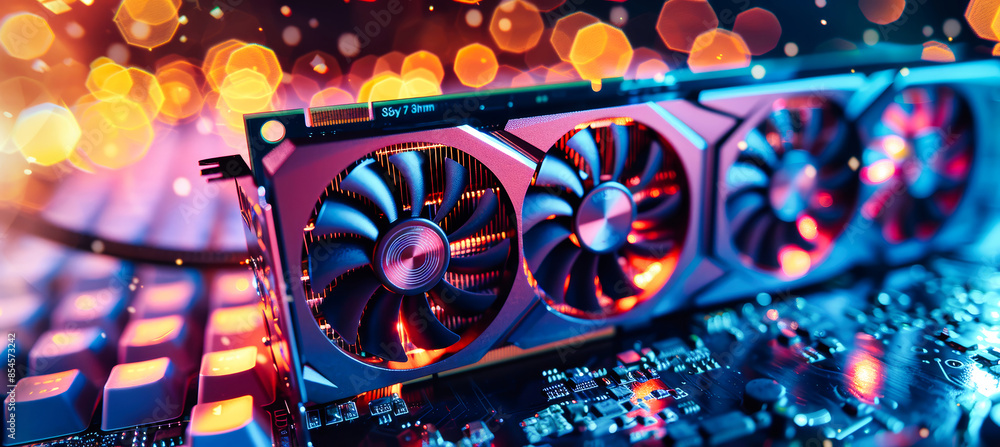 Poster a close-up shot of a video card with its fans spinning and illuminated by bokeh lights. the image is