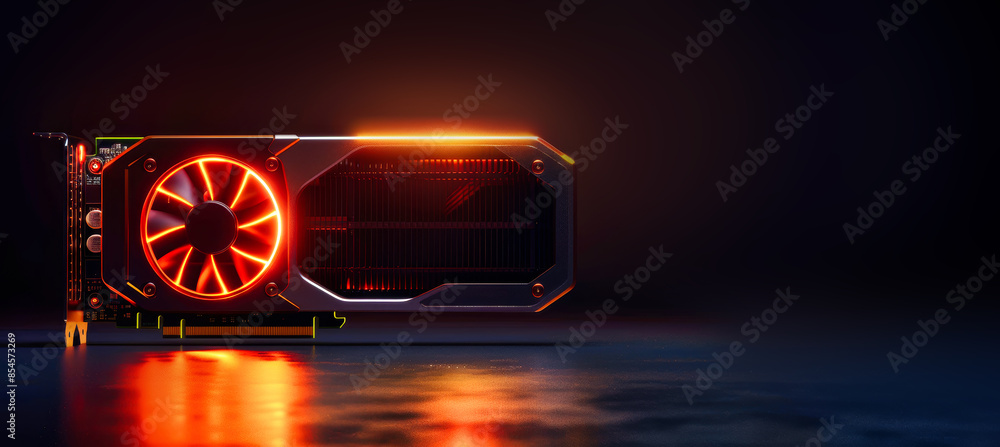 Poster a close-up of a graphics card with a glowing red fan. the card is sitting on a dark surface, and its