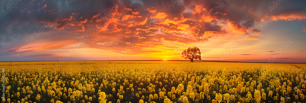 Sticker bright colorful sunset field canola bright colors spring landscape. Creative banner. Copyspace image