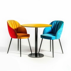 Obraz premium Colorful Chairs and Table Set with Coffee Mugs. Generative ai