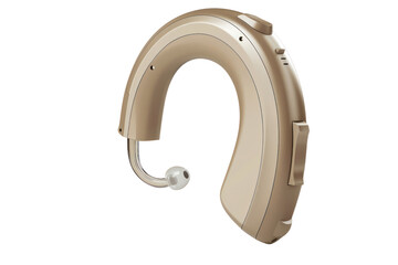 Digital beige hearing aid isolated on white background. Assistive listening device for people with hearing loss.