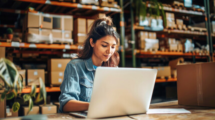 A warehouse worker sits at a table in front of a laptop, carefully reviewing and managing orders. 