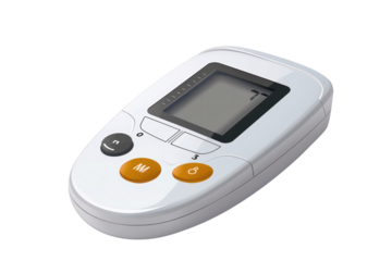 Electronic handheld remote control with LCD screen and three buttons, isolated on white background, ideal for technology and gadget-related projects.