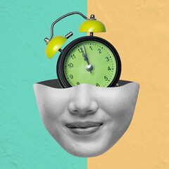 Woman face with alarm clock showing almost seven o'clock on colorful background