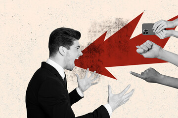 Composite collage picture image of angry man scream discrimination device cyberbullying unusual...