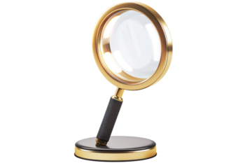 Elegant magnifying glass with a golden frame and black handle on a white background, perfect for educational or detective themes.