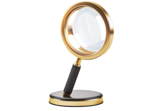 Elegant magnifying glass with a golden frame and black handle on a white background, perfect for educational or detective themes.