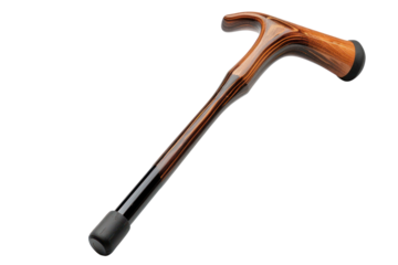 Elegant wooden walking cane with black rubber tip and polished handle, perfect for mobility support and style.