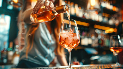 A bartender expertly pours a glass of chilled rose wine, the liquid cascading over ice in a beautiful display