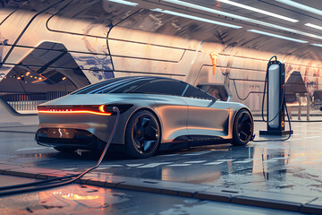 Obraz premium Electric car charging at a station clean transportation