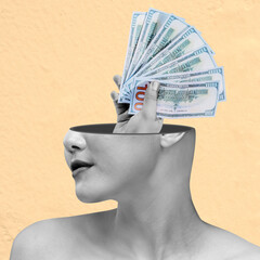 A woman's head is cut off and replaced with a pile of money