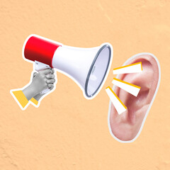 Person holding megaphone screaming at ear promoting communication