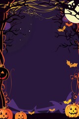 layout for a Halloween postcard. Halloween border with Moon and pumpkins,Halloween Banner with Spider and Bats